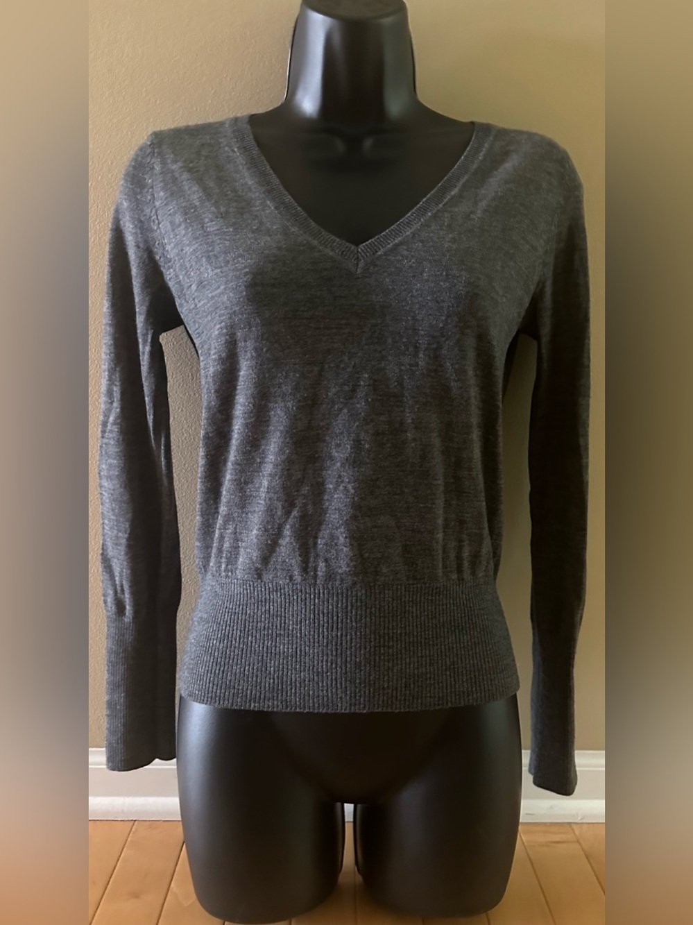 BCBGMaxAzria • 100% merino wool • v-neck sweater • charcoal gray • small